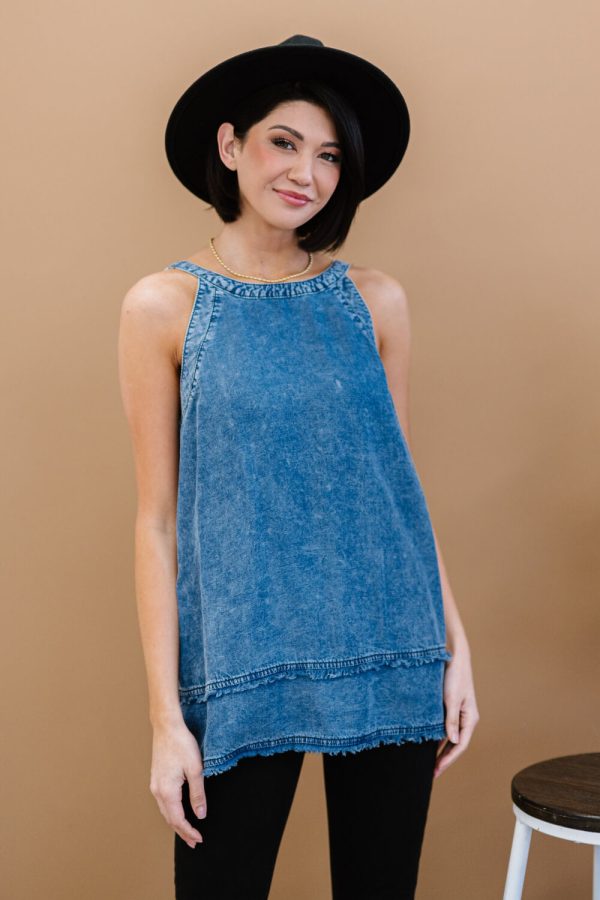 Doe & Rae Forever Young Mineral Wash Denim Sleeveless Top For Cheap - Image 3